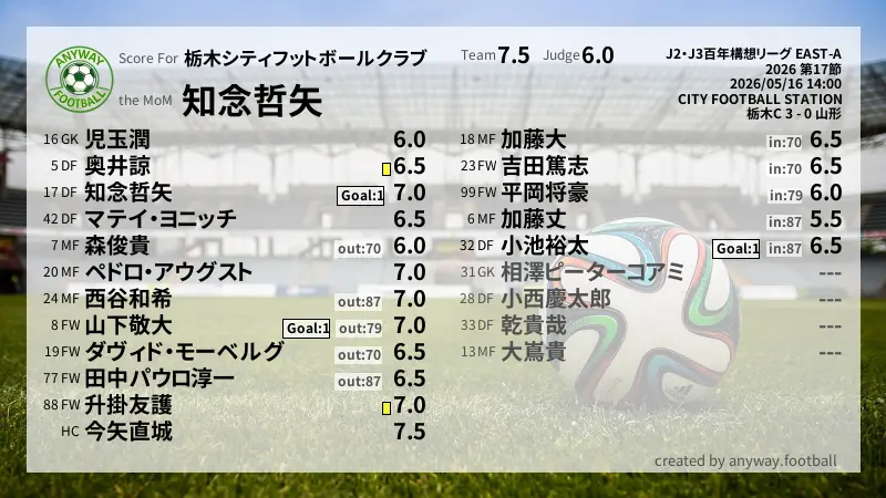 栃木シティフットボールクラブ J2・J3百年構想リーグ EAST-A(2026) 第17節:採点